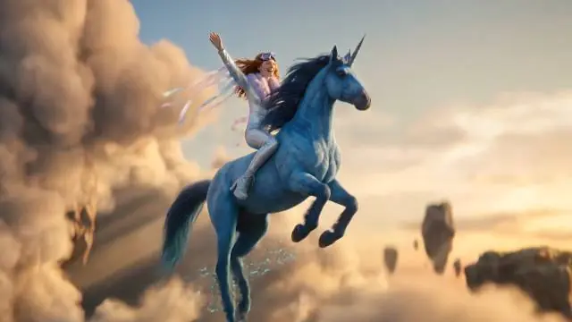 Imagen de muestra: protagonista montando un unicornio entre las nubes
