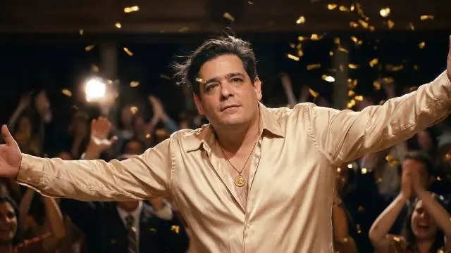 Imagen de muestra: protagonista con los brazos abiertos bajo confeti dorado