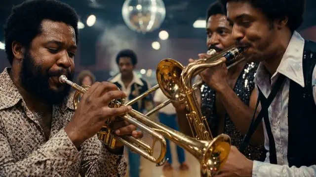 Imagen de muestra: protagonista tocando la trompeta con una banda